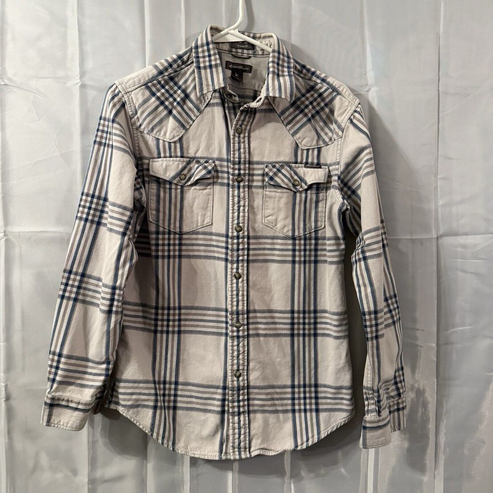 Vintage Eddie Bauer Mens S Plaid Herringbone Shirt Pearl Buttons 90s Grunge Snap